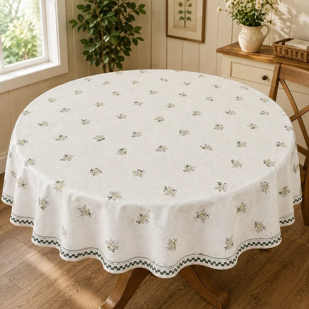 Vintage Round White Daisy Floral Tablecloth Checkered Border 60 Inch Cottagecore